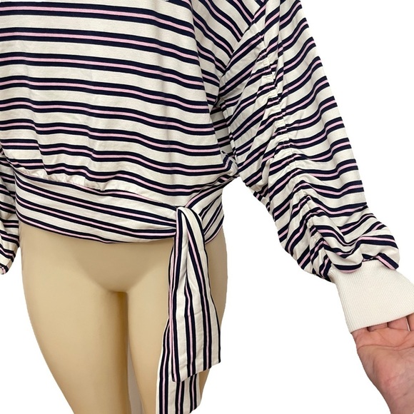 Kenzie Striped Tie Waist Long Sleeve Top Pink White Black Jersey Sweatshirt - Picture 3 of 8
